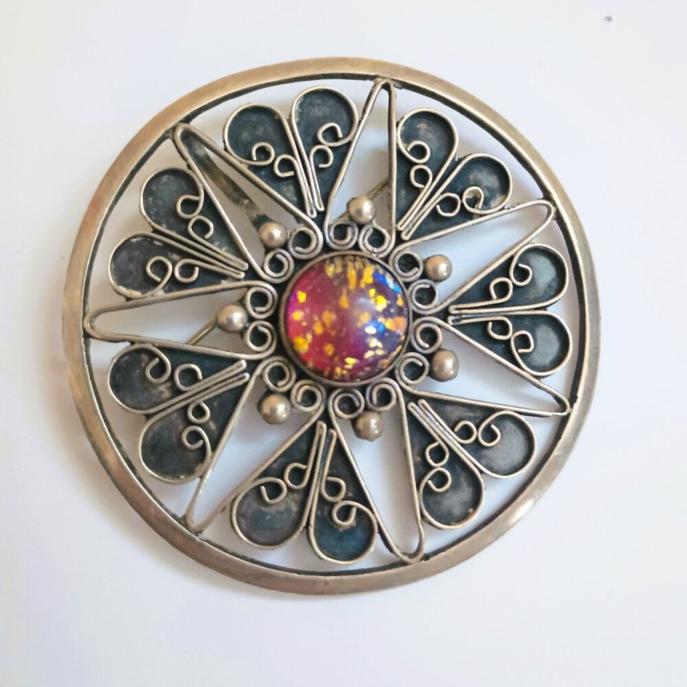 RN Vtg 925 Round Filigree Brooch Hecho En Mexico Amber Color Center Pendant